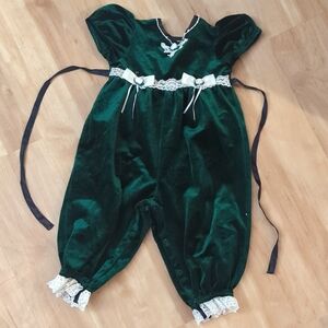 Green Velvet Baby Romper with Lace Trim